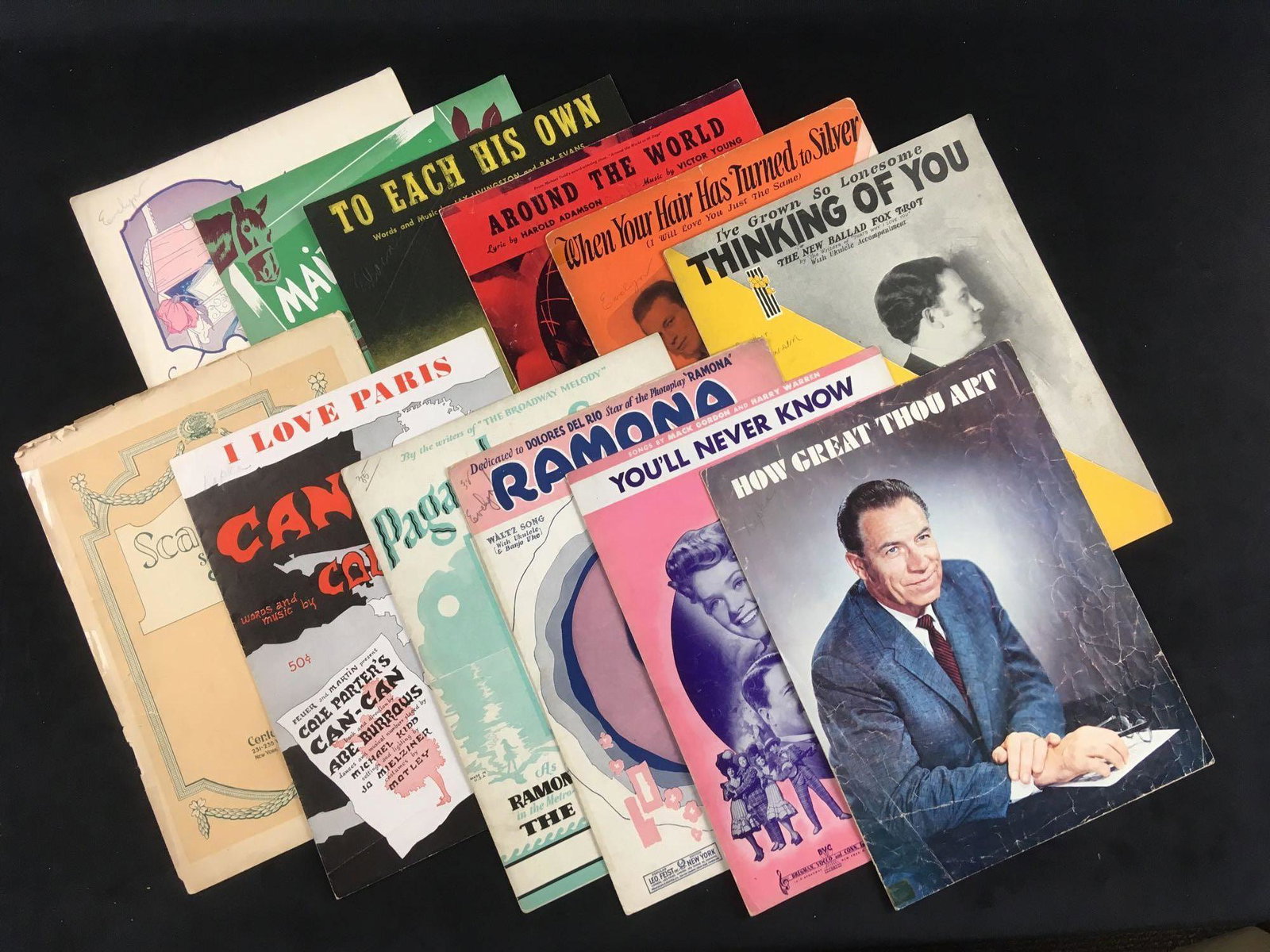 Collection of 12 Pieces of Vintage Sheet Music 1920s to: Collection of 12 Pieces of Vintage Sheet Music 1920's - 1950's; includes songs from Cole Porter, Mack Gordon and Harry Warren. This group includes sheet music for How Great Thou Art .Â All are well 