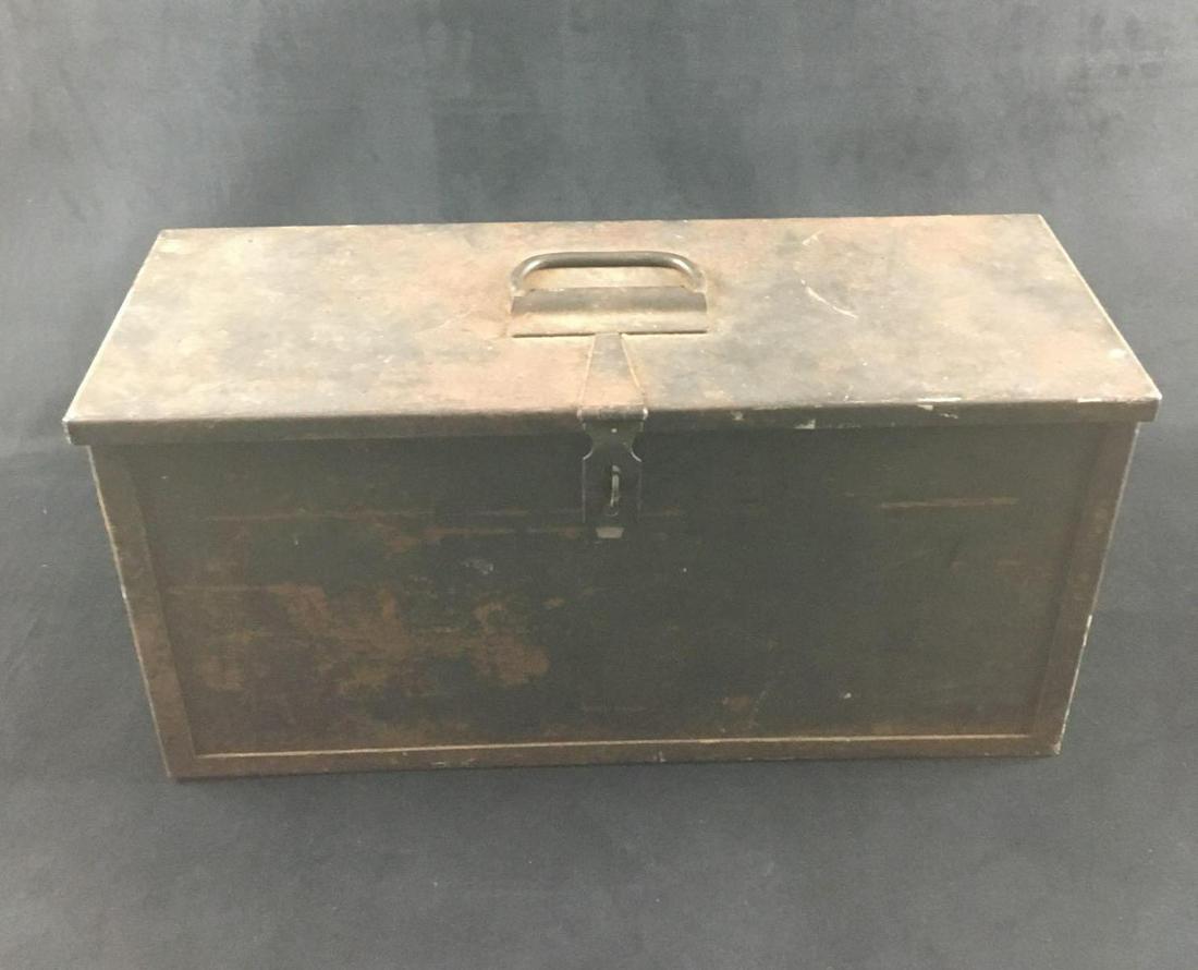 Vintage Military Style Steel Tool or Material Box: Vintage Military Style Steel Tool or Material Box; this is a very substantial and well made steel box. It is finished in a military green coating that appears to have withstood much use. It shows a ha