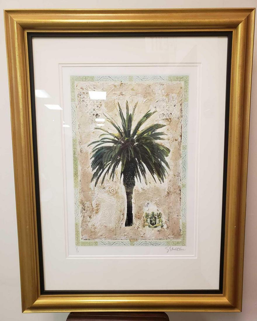 Starlie Sokol Hohne Palm Tree II Original Mixed Media: Starlie Sokol Hohne Palm Tree II Original Mixed Media Artwork. This piece is in great condition. The image has double matting with white matte board. It is a mixed media work with collage and textured