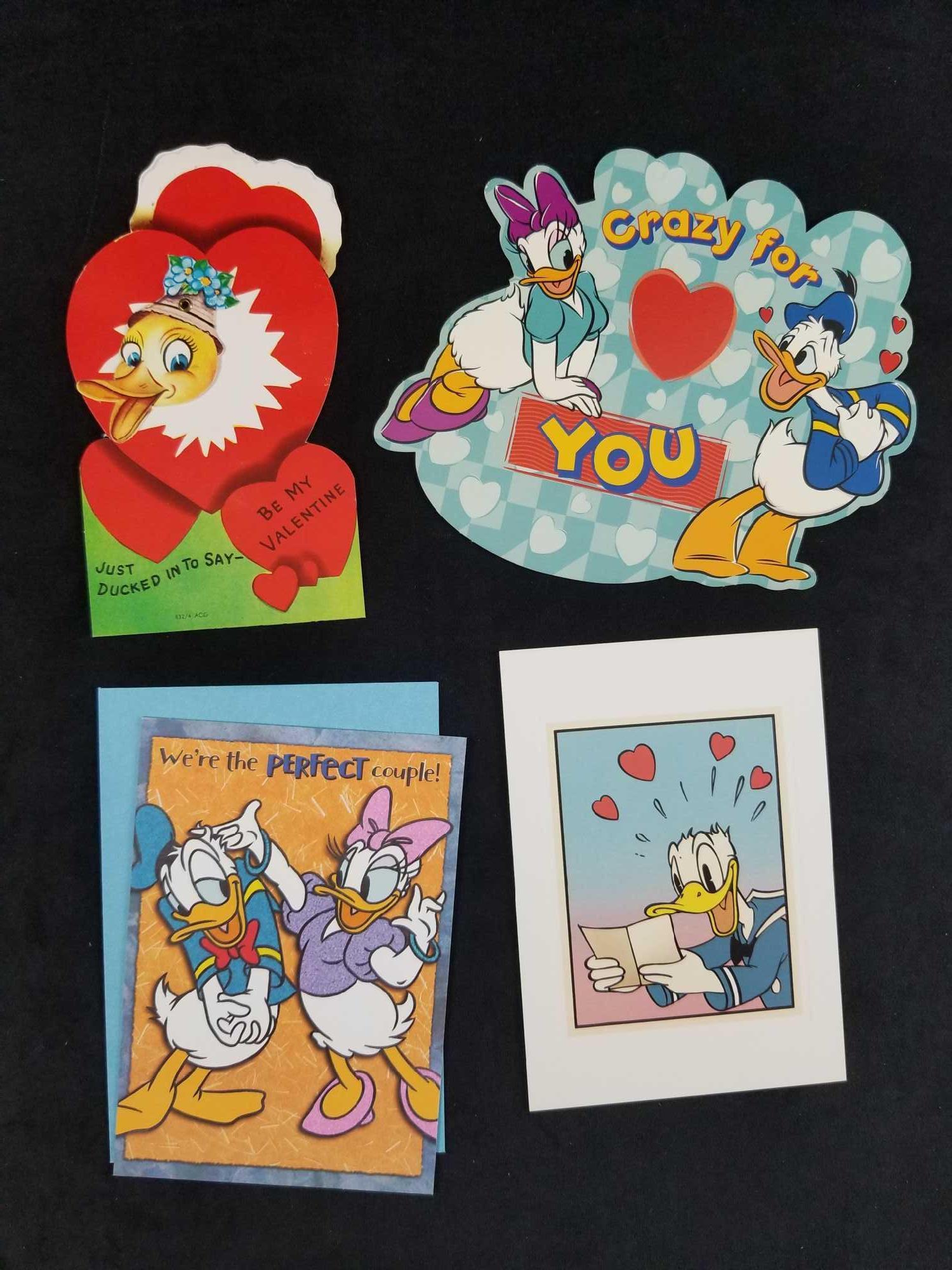 Lot Of Four Vintage Disney Cards And Postcards: This lot includes one "Crazy For You" postcard with Donald And Dais Duck, one "Perfect Couple" card with envelope. One Donald Duck in love card, and one vintage Non-Disney Valentine's Day post type ca