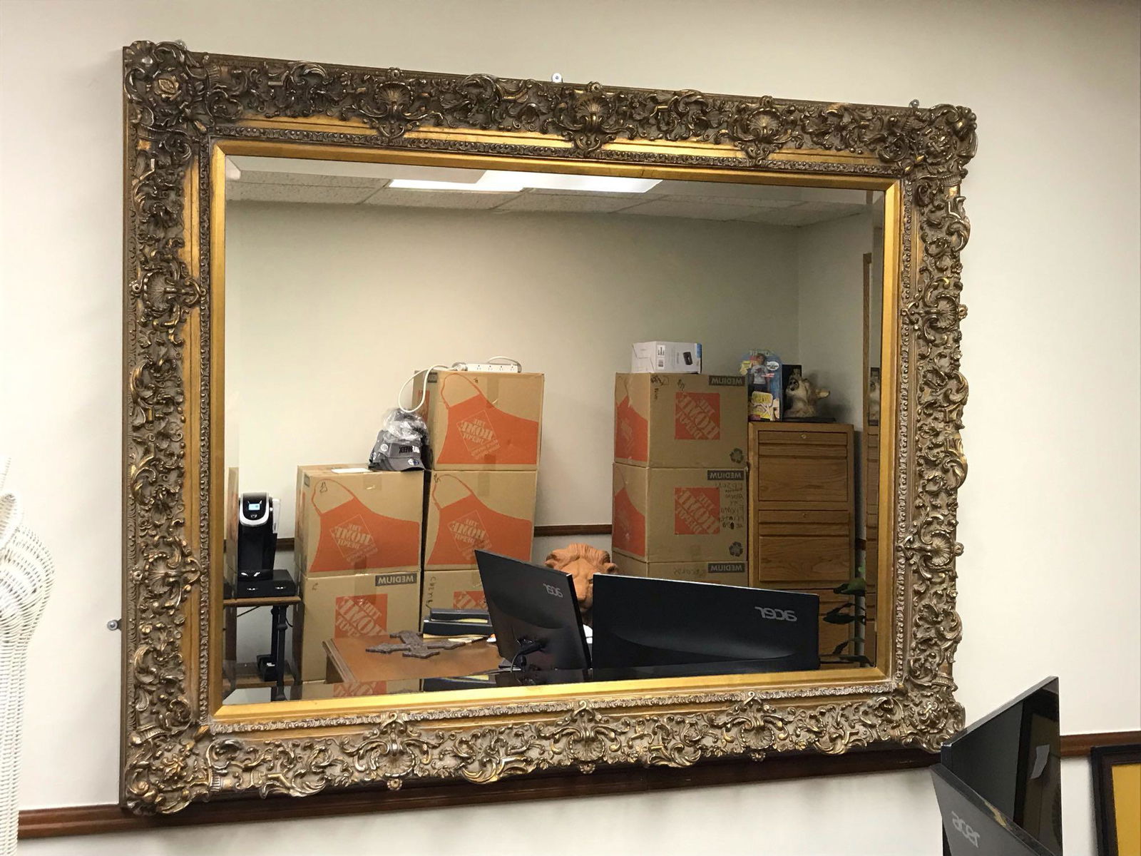 Large French Antique Ornate Mirror: This gorgeous French Antique Ornate Mirror measures 4ft x 5ft. Very good used condition with no known chips, cracks or scratches. Unknown age and unknown manufacturer. Ready to hang.Â