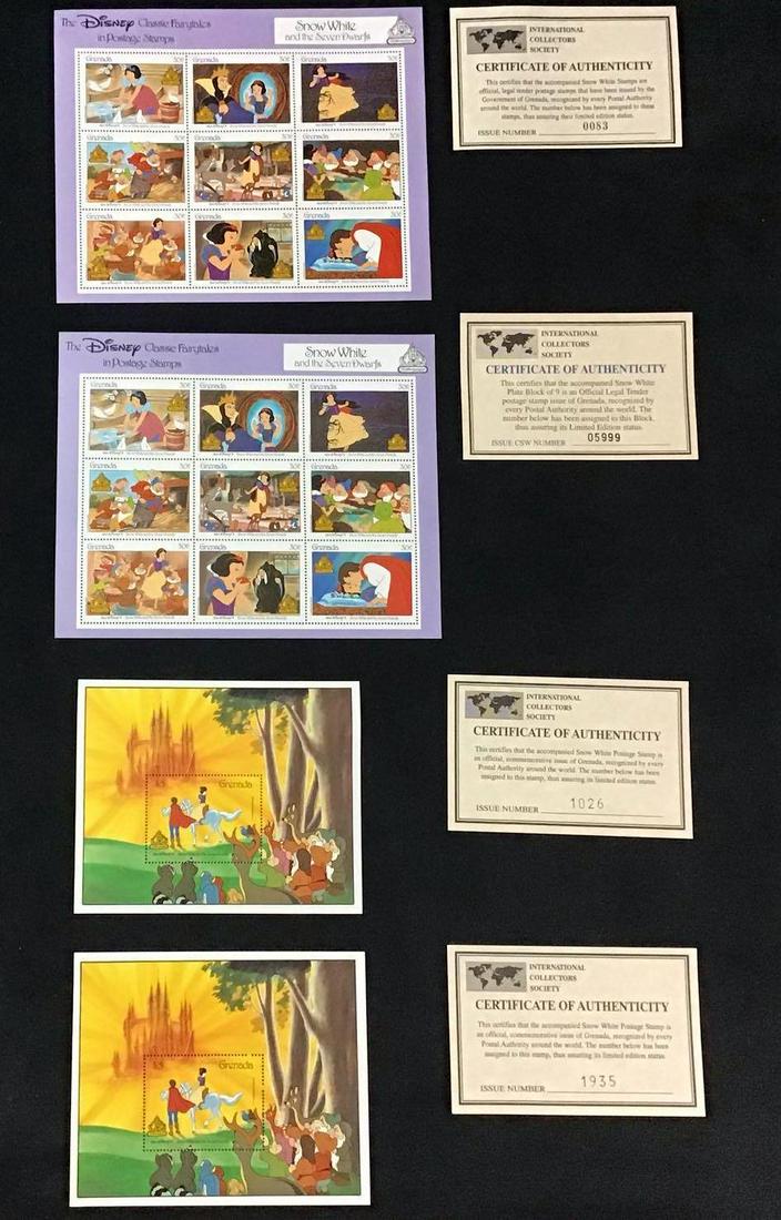 Vintage Disney Snow White Stamp Block Lot of 4: Vintage Disney Snow White Stamp Block Lot of 4. This is a lot of four vintage 1987 Snow White stamp blocks/sheets. They come with certificates of authenticity. They are official legal tender postage s