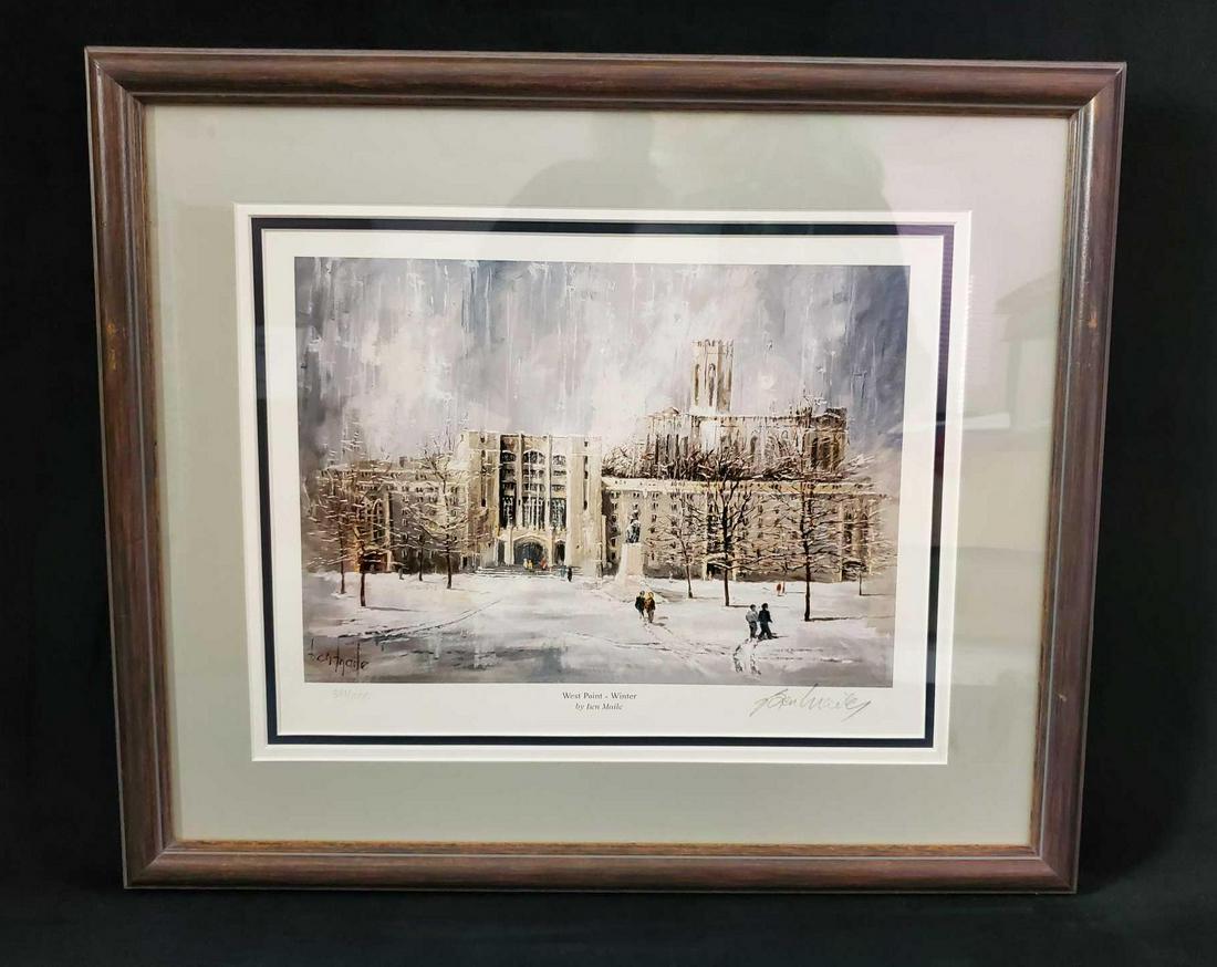 West Point LE Winter by Ben Maile: This framed limited edition print titled West Pointe- Winter is by Ben Maile. Signed in pencil on the bottom right and numbered 381/100 on the bottom left. No COA included. This image depicts a snowy