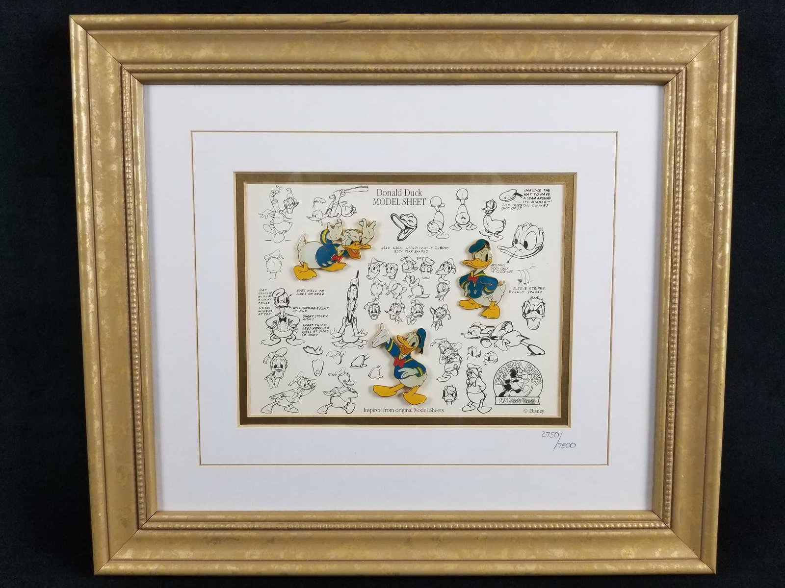 Very Rare Framed Limited Edition Donald Duck Pin And: Framed Donald Duck sketch "character model" with pin set. Comes in an antique style gold colored frame. Was originally sold at Disney Stores/Art Of Disney in 1999 and sold out rather quickly. Piece is
