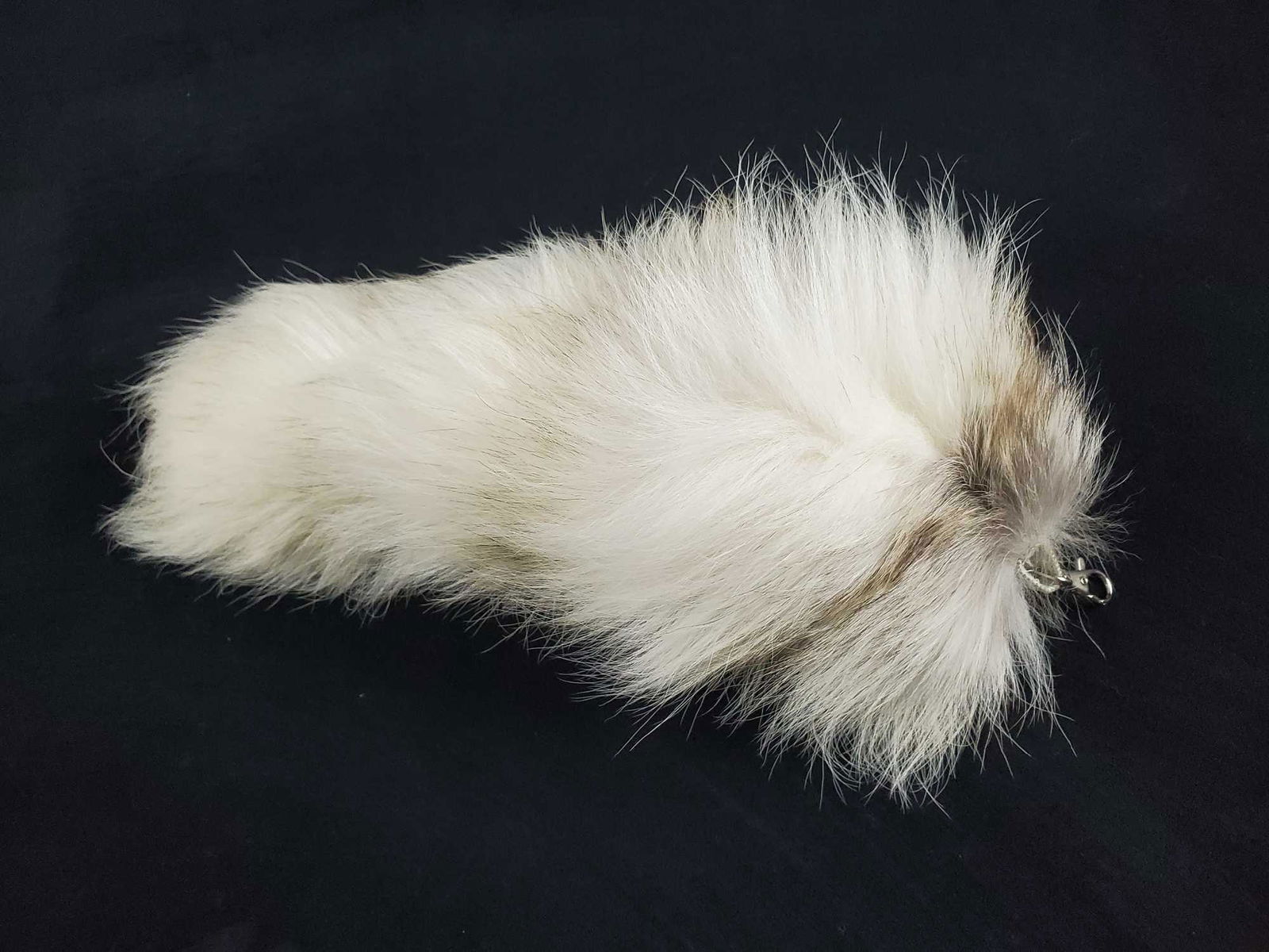 Big Fox Tail Fur Bag Tag Accessory Tassel Keychain Lot: This big fox tail fur bag tag tassel keychain accessory is primarily white with parts of gray and brown hues.Â It is attached to a white leather piece and a silver tone clasp. It is in very good co