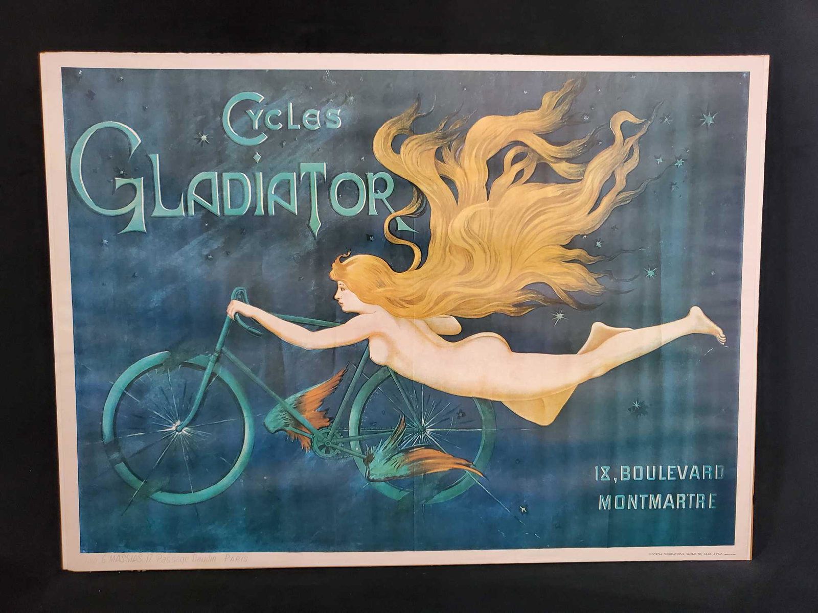 Vintage French Flying Bicycle Cycle Poster: Vintage "Cycles Gladiator" bicycle advertisement poster. By Portal Productions. Printed in the USA. Original poster was designed by Georges Massias. Image is approx 27" 1/2 x 20". Full print with bord