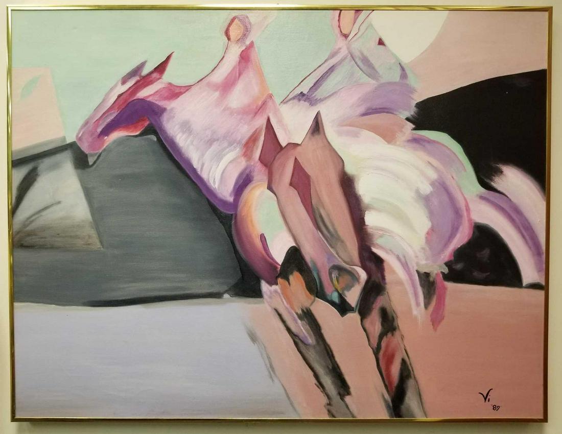 Framed Original Acrylic Abstract Painting of Horse: This large original acrylic abstract painting on canvas by Vi was made in 1989 and is framed in a gold colored modern frame. Primarily pink hues, this painting depicts 2 horses with riders in cloaks i