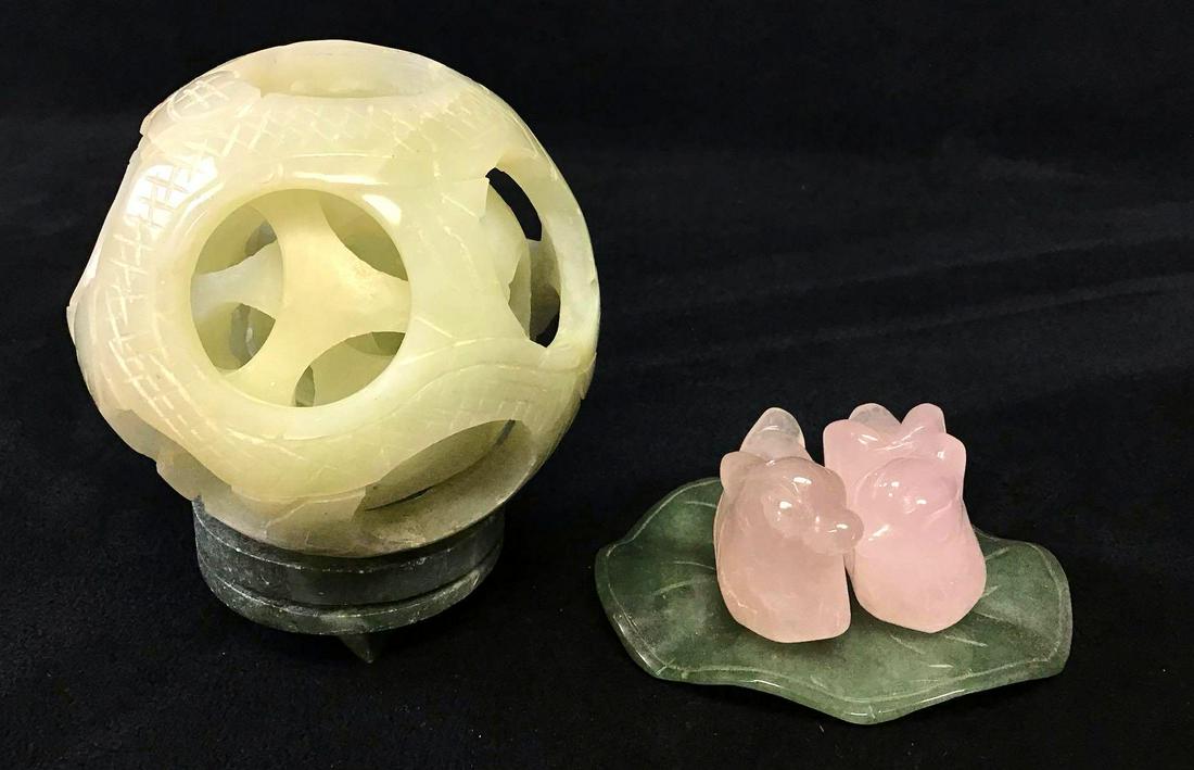Feng Shui Jadeite Puzzle ball with Rose Quartz Birds: This is a relationship kit for Feng Shui. These are to be placed in the Northwest area of a room or Southwest if you are using compass Feng Shui.The ball is on Jadeite pedestal and has four layers des