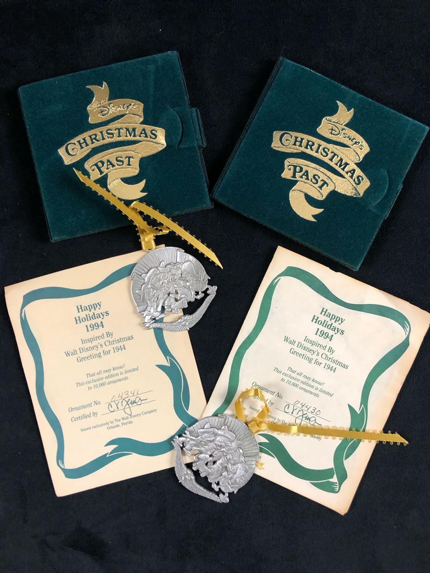 Lot Of 2 Vintage Disney's Christmas Pass Happy Holidays: Lot Of 2 Vintage Disney's Christmas Pass Happy Holidays Mickey Three Caballeros Limited Edition This lot features 2 Limited Edition Christmas ornaments with Mickey Mouse, Minnie, and the Three Caballe
