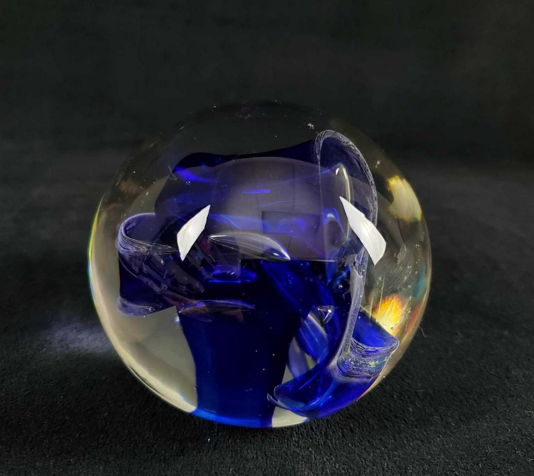 Vintage Art Glass Paperweight by RW Stephan 1980: This vintage hand blown art glass paperweight by Robert Stephan is signed RW Stephan and dated 1980 underneath. It depicts a cosmic blue with neon green elements and perfectly placed air bubbles with