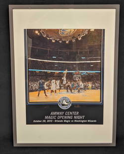 Framed Signed Orlando Magic Amway Opening Poster: Framed poster signed by artist, Tom Mosser. Amway Center Magic Opening Night Oct. 28, 2010, Celebrates the opening night of the Amway Center in Orlando, Florida. Frame is approx 20 1/2" x 1 1/2" x 28