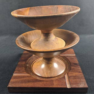 Vintage Three Tier Fruit Food Salad Plate And Bowls: Vintage three tier serving bowl and cheese plate/cutting board made from solid American Walnut Wood. All are in good, vintage condition with minor wear/scuffs. Together, pieces are approx 7 1/2" x 7
