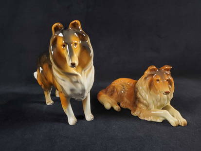 2 Vintage Lefton Collie Dog Figurines: This 2 piece lot of porcelain Collie dog figurines by Lefton depicts one Collie in standing pose and one laying down. The standing pose figurine has some light crazing that can be seen on the lighter
