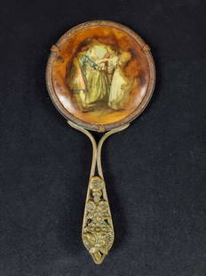 Vintage Victorian Style Hand Mirror: Vintage style hand mirror with image of Victorian party goers on back of mirror. Mirror is in good, vintage condition with discoloration/age around image along with a very small crack on the bottom