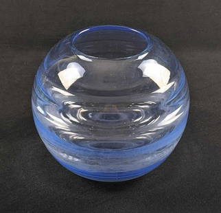 Vintage Orrefors Sphere Vase by Edward Hald C 1931: Glass sphere vase is made with optic horizontal rings. This is one of Edward(Eduard) Hald's designs. Hald was one of Orrefors legendary innovative designers from the early 1930's until about 1973.