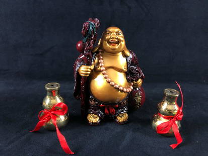 Happy Buddha Standing Wu Lu Money Statue Lot Of 3: Happy Buddha Standing Wu Lu Money Statue Lot Of 3 his Buddha is holding a staff with Wu Lu which represents healing in Feng Shui. The Wu Lu bottles were used for carrying medicine in ancient Chinese