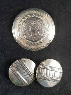 Sterling Silver Cultura Zapoteca Tribal Pin Pendant and: This 3 piece sterling silver lot consists of: (1) Large Cultura Zapoteca Tribal pin pendant. This pin/brooch depicts the indegenius tribal man with a beautiful etched design with the words Cultura