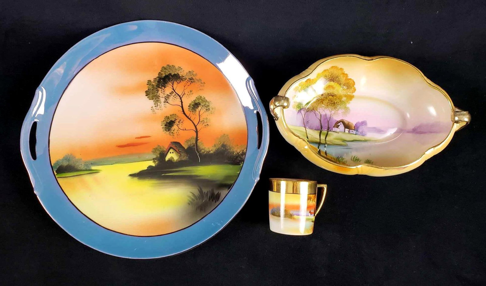 Nippon and Noritake Hand Painted Japanese Dishes and: Nippon and Noritake Hand Painted Japanese Dishes and Cup. This lot of 3 item is in overall good condition. The specific items and conditions are: 1 Noritake Made in Japan miniature teacup. Shows some 