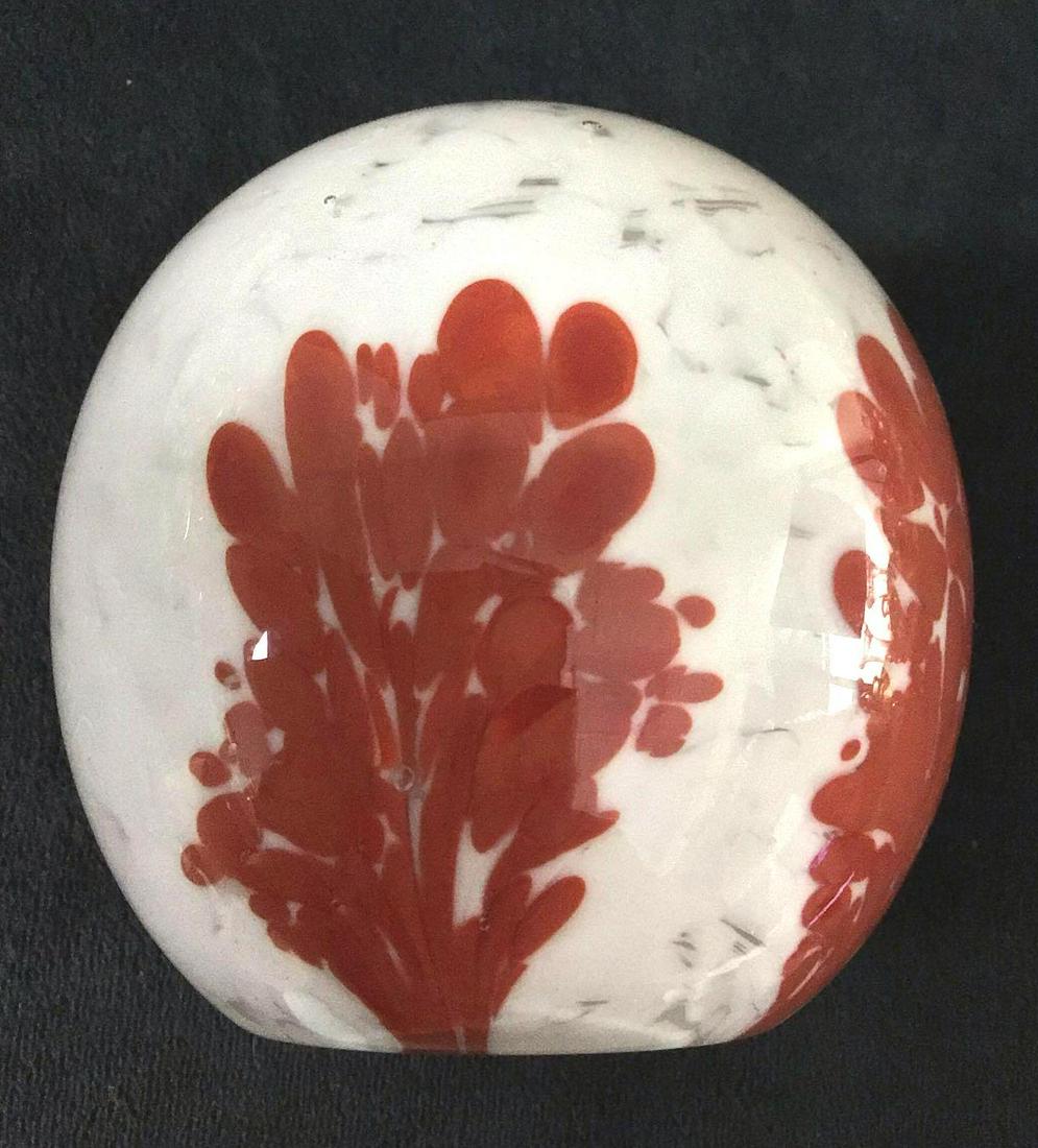 Vintage Glass Art Joe Burdsall Paperweight: Vintage Glass Art Joe Burdsall Paperweight. This is a vintage glass art piece. It has a dot marble design with red and white colors. The underside reads "Joe Burdsall 1992". It is in good condition wi
