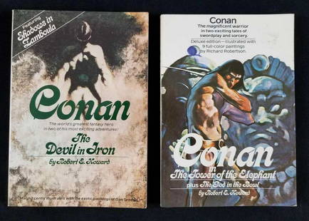 Lot of Two Conan Books by Robert E Howard: (1) Conan in The Tower of the Elephant plus The God In The Bowl by Robert E. Howard. Deluxe Edition with illustrated full color paintings by Richard Patterson. Grosset & Dunlap Publishing in 1975. Thi