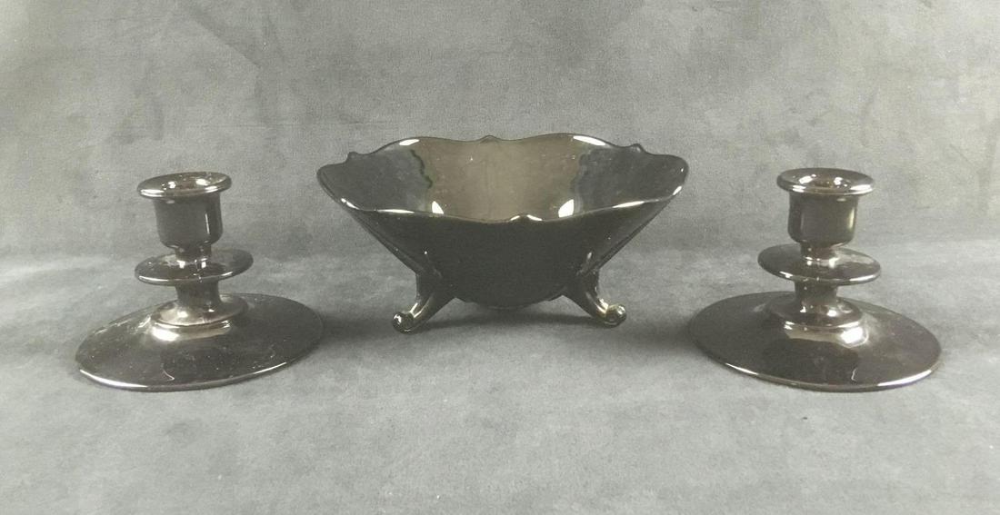 Black Glass 3 Footed Candy Dish and Two Candle Holders (1 of 6)