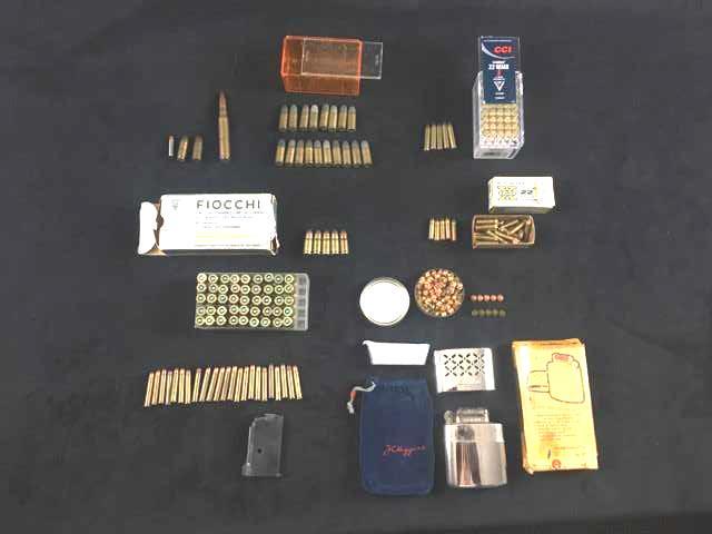 Vintage Ammunition of Various Calibers and .22 Caliber: Vintage Ammunition of Various Calibers and .22 Caliber Magazine and Pocket Hand Warmer; this varied lot consists of 1) fiftyÂ (50) Fiocchi 7.65 Parabellum (.30 Lugar) F.M.J. rounds, 2) one (1)Â P