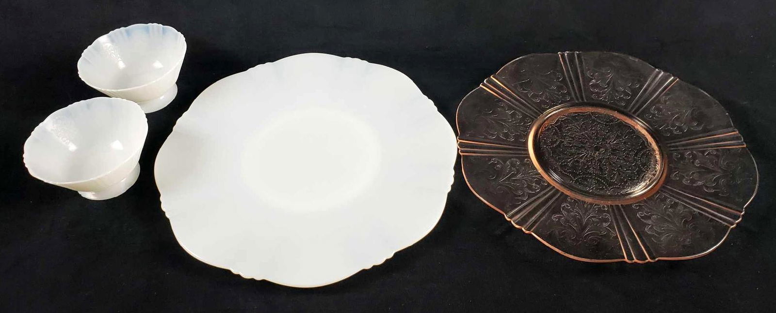 Lot of 4 Milk Glass and Pink Depression Glass Plates (1 of 6)