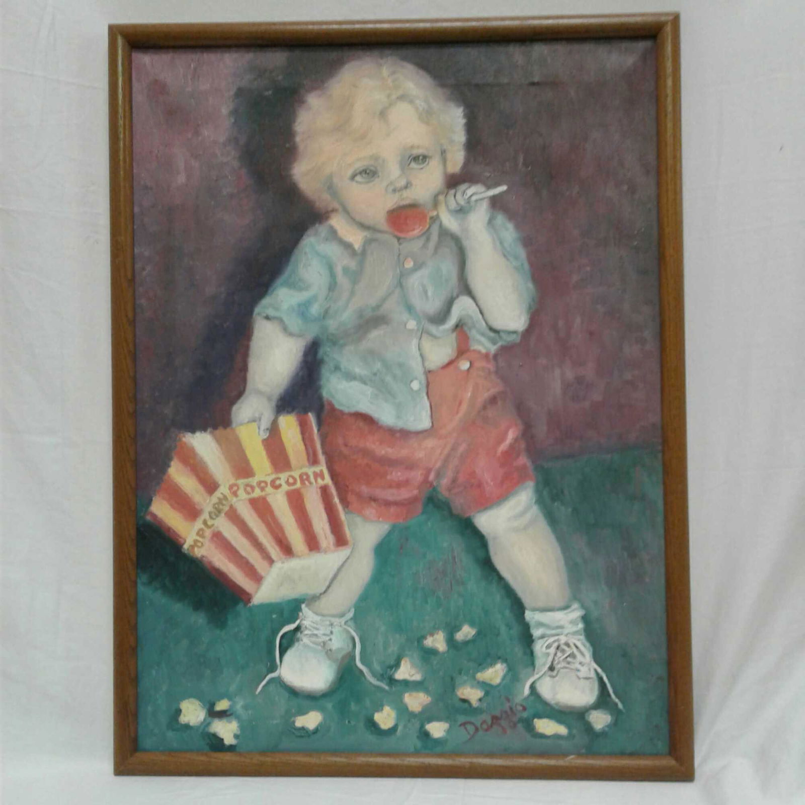 An Oil Painting by Judith Dazzio: A Florida/Louisiana artist born 1942. This painting is mounted in an oak frame and though it back paper is torn, this art is in good used condition and measures 19" x 26". RPT