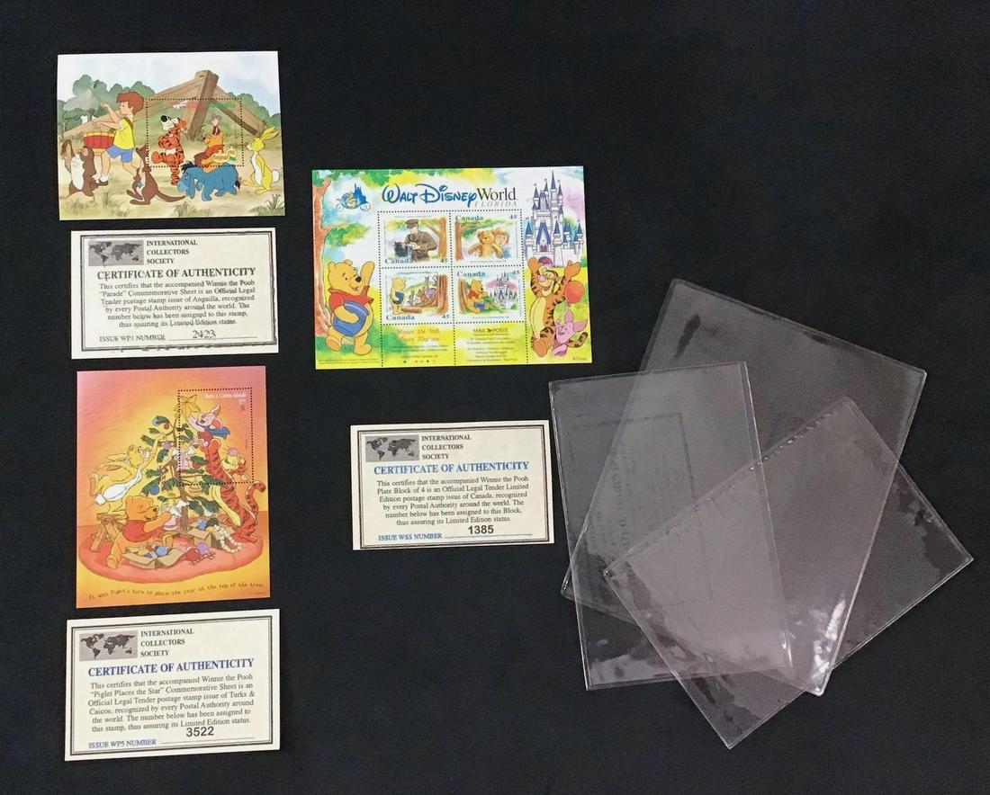 Vintage Stamp Disney Winnie the Pooh Lot of 3 A: Vintage Stamp Disney Winnie the Pooh Block Lot of 3. This is a lot of three vintage Winnie The Pooh stamp blocks. They all come with a certificate of authenticity. they are in good condition inside pr
