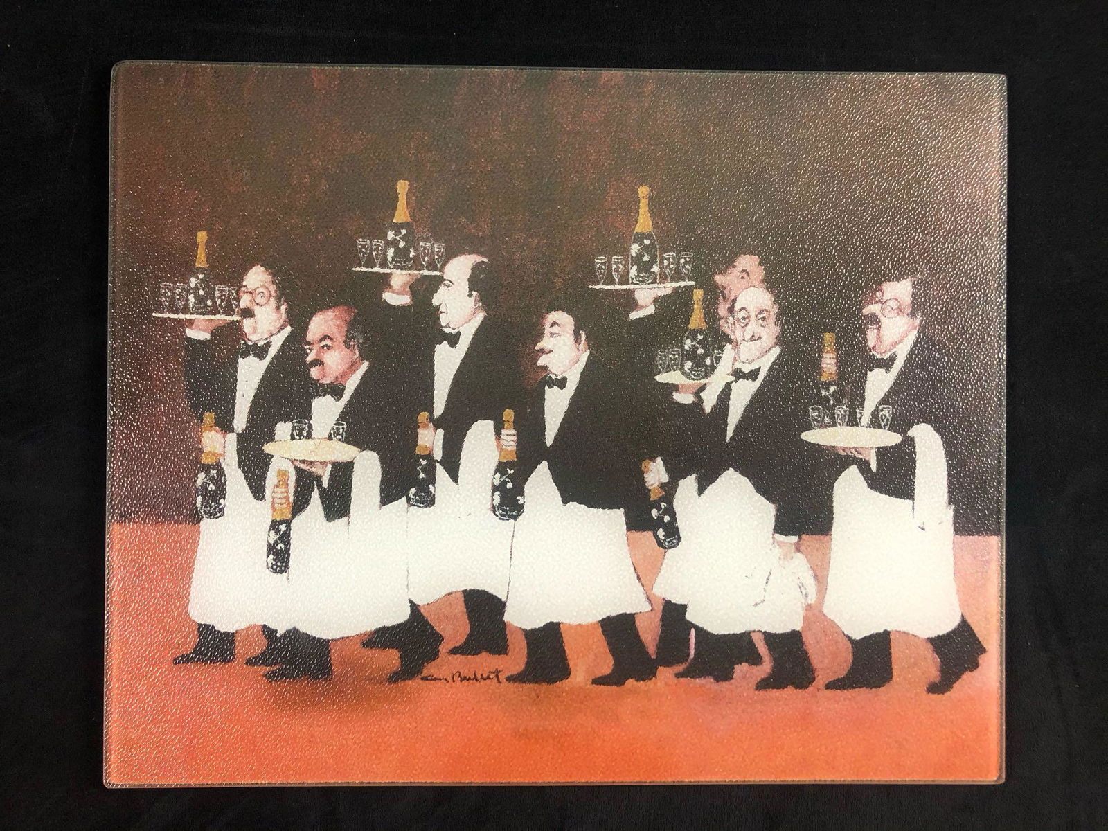 Guy Buffet Seven Waiters Perrier Jouet Wine Bottles: Guy Buffet Seven Waiters Perrier Jouet Wine Bottles Glass Cutting Board Ceramic Waiters serving Perrier Jouet Wine print under a glass cutting board. The artist's signature is Guy Buffet and it is loc