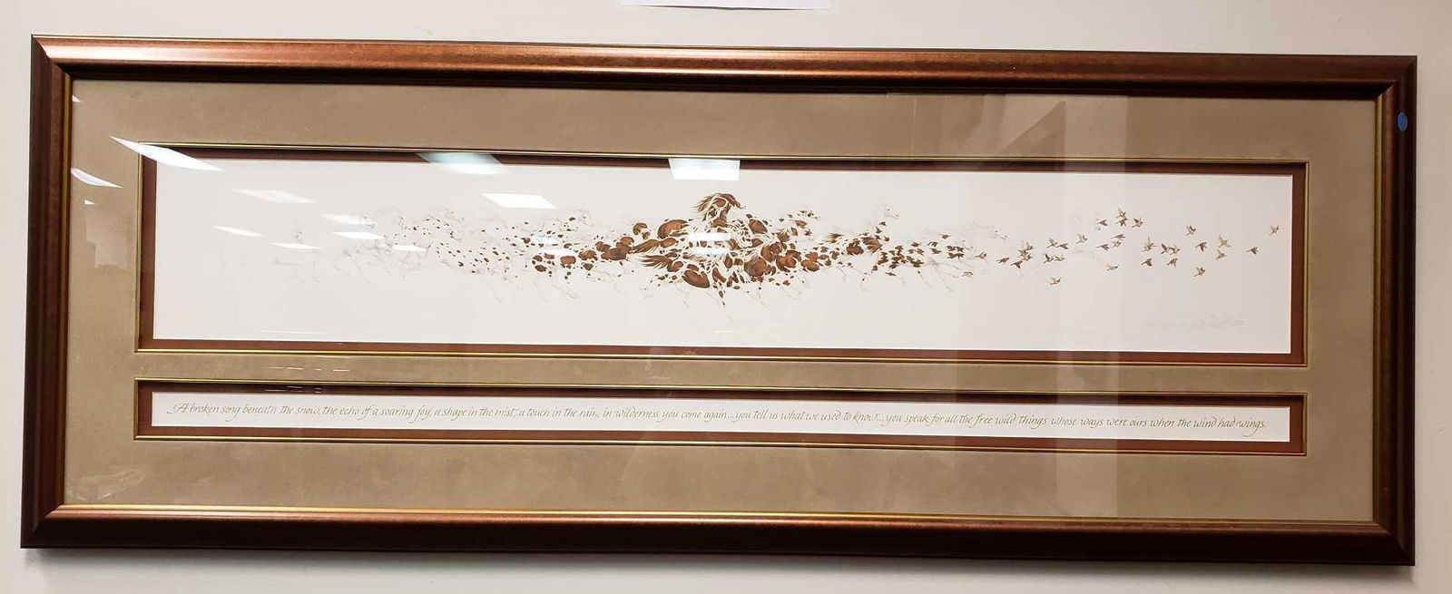 Bev Doolittle When the Wind Had Wings Print: Bev Doolittle When the Wind Had Wings Print. This print depicts brown and white horses transforming into birds with the words "A broken song beneath the snow, the echo of a soaring joy, a shape in the