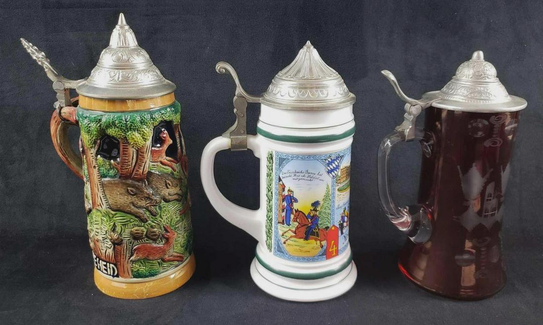 Lot of 3 Vintage German Lidded Beer Steins Including a (1 of 7)