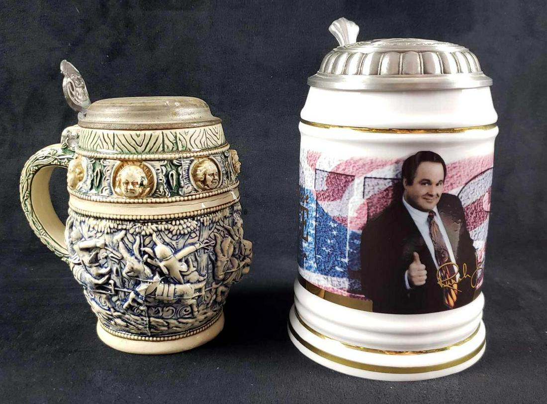 Two Vintage Beer Steins: Two Vintage Beer Steins; lot includes 1) a salt glaze stein with pewter lid, very deep carvings showing an old man riding in a cart pulled by goats. Apparently the only one having fun is a little bear