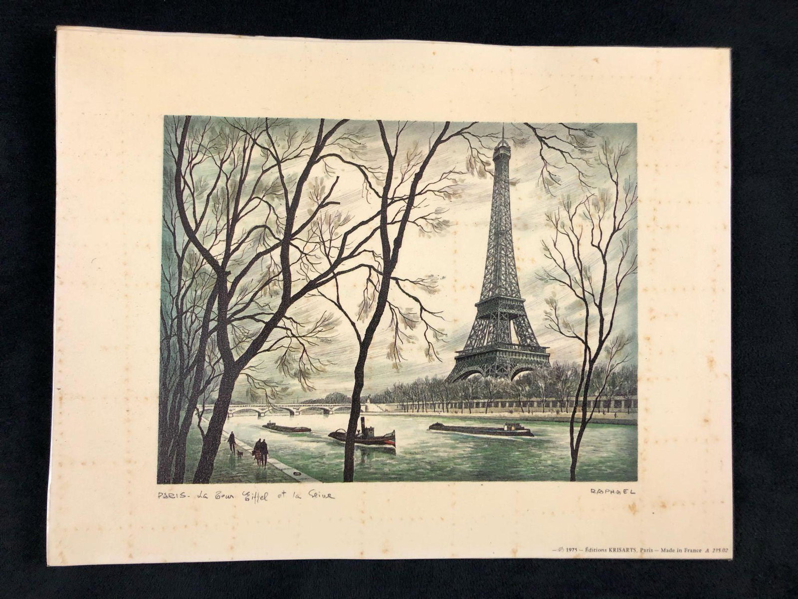Vintage Raphael Paris Print Eiffel Tower River Seine: Vintage Raphael Paris Print Eiffel Tower River Seine 1975 French Artwork Krisarts Picture Vintage 1975 print ofÂ 'Paris. Le Tour Eiffel et la Seine' by Raphael. The color print is on a slightly text