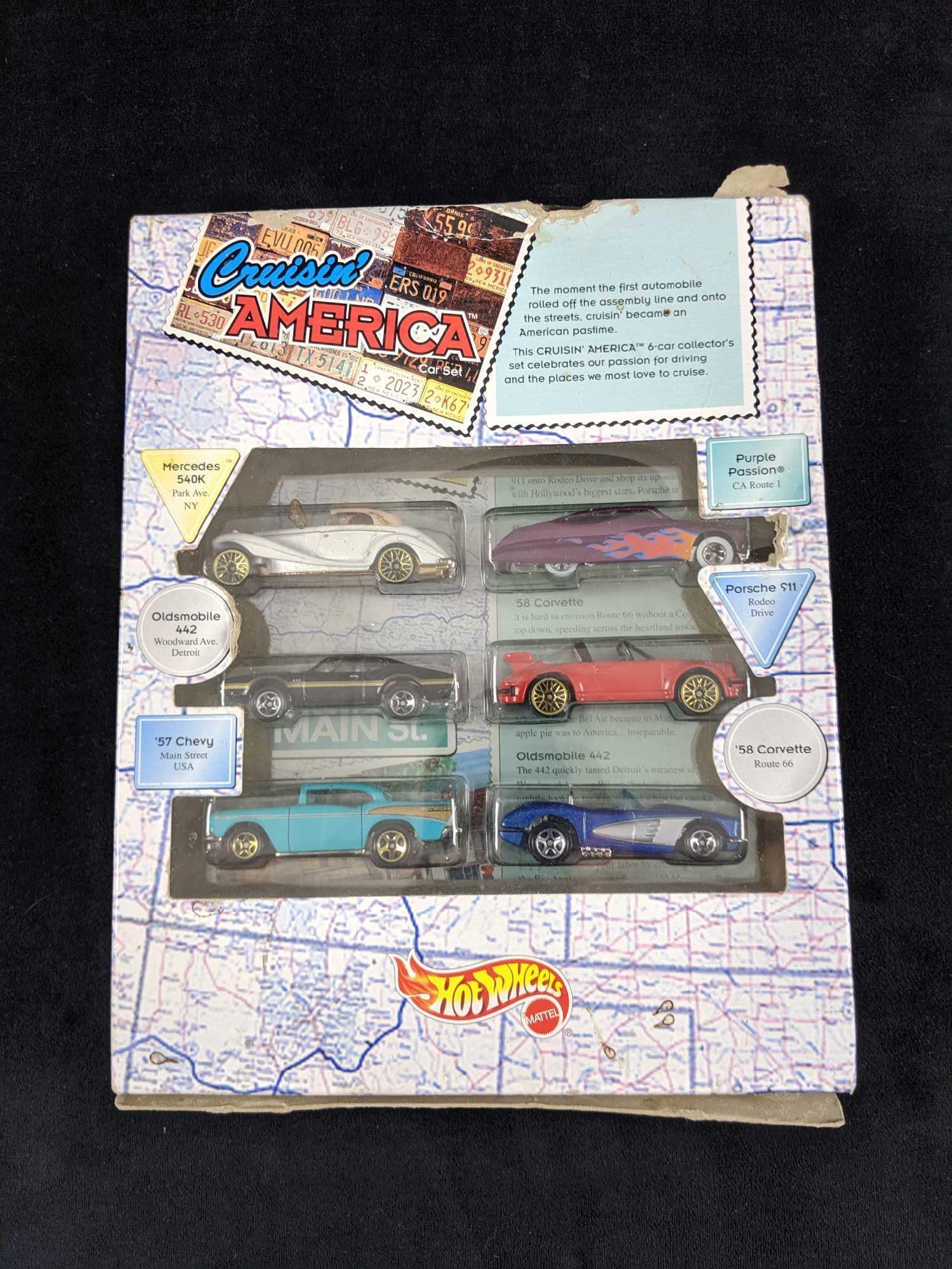 Hot Wheels Crusin America Six Car Toy Collection: This set of die cast cars includes: Mercedes 540K Oldsmobile 442 '57 Chevy Purple Passion Porsche 911 '58 Corvette Cars are mint in the box and are approx 3" across. Box is in fair condition with stor