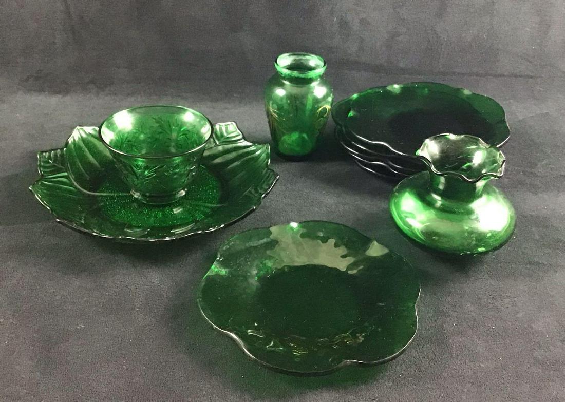 Lot of 10 Glass Dinnerware and Bud Vases Vintage Circa: This lot consists of ten glass dinnerware pieces circa 1900s. They are all a Clear emerald green color. The manufacturer is unmarked. They are in good condition with some known scuffs and a dime sized