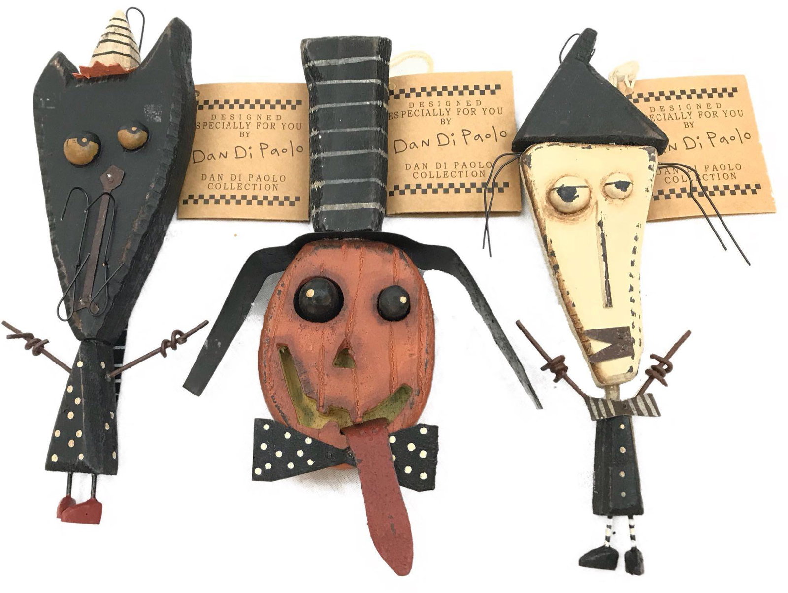 Halloween Decor, 3 Fun Wall Figures, New: Halloween Decor, 3 Fun Wall Figures, New; these 3 wall sculptures are new with store tags. The tags are marked "By Dan Di Paolo" and "Primitives by Kathy". The wall hangings show characters with a lig