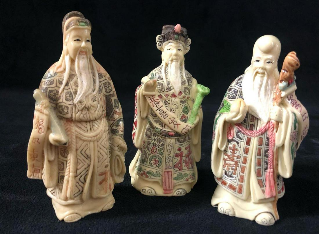 Chinese Art 3 Wise Men Faux Ivory Figurines: Set of 3 Chinese Wisemen with exquisitely Hand Painted details. The 3 Wise Men of Ancient Chinese Lore were high officials of the Gods that bestowed Long Life, Prosperity and Happiness on the Emperors