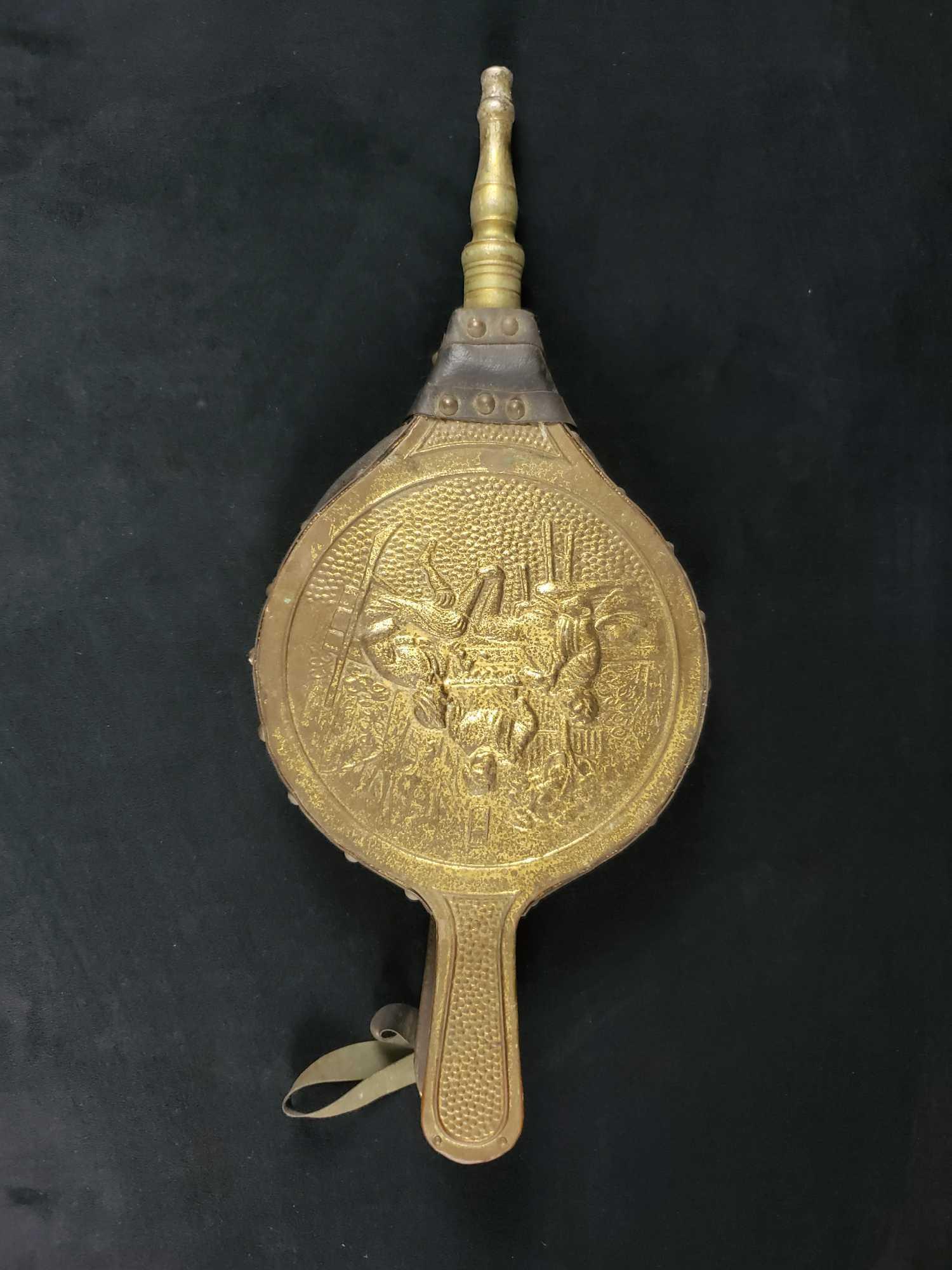 Vintage English Brass Tip Dutched Themed Bellows: Vintage bellows for log burner coal fire with brass tip leather with a Dutch motif. It still works and can be hung on the wall after use or even be used as wall art. Is approx 8" x 2" 18". Bellows are