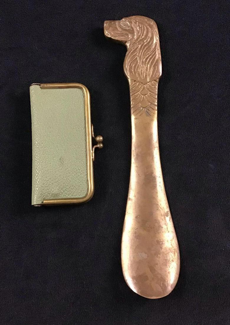 Lot of two vintage Circa 1900s Grooming Kit and Brass: These items appear vintage due to their designs. They are in good condition with some known ware as in scuffs. In total this lot consists of the following; (1) Solid Brass Shoehorn. It features a Cock