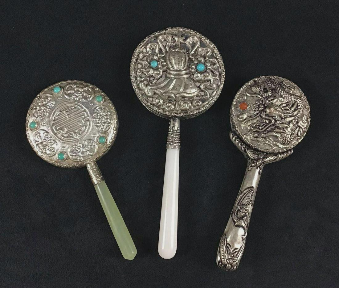 Chinese Art Modern Mirror Jadeite Dragon Lot of 3: Chinese Art Modern Mirror Jadeite Dragon Lot of 3 . This is a lot of modern Chinese art mirrors. They were made in China. All mirrors feature ornate oriental designs. They come with carrying boxes. Th