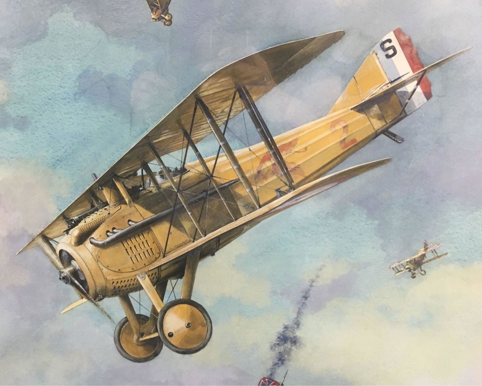 WWI France SPAD 7 Lithograph: Lithograph of English painter J.D. Carrick's painting of a French SPAD 7. This work features French fighter ace Captain Georges Guynemer downing a German plane during World War 1. The original paintin