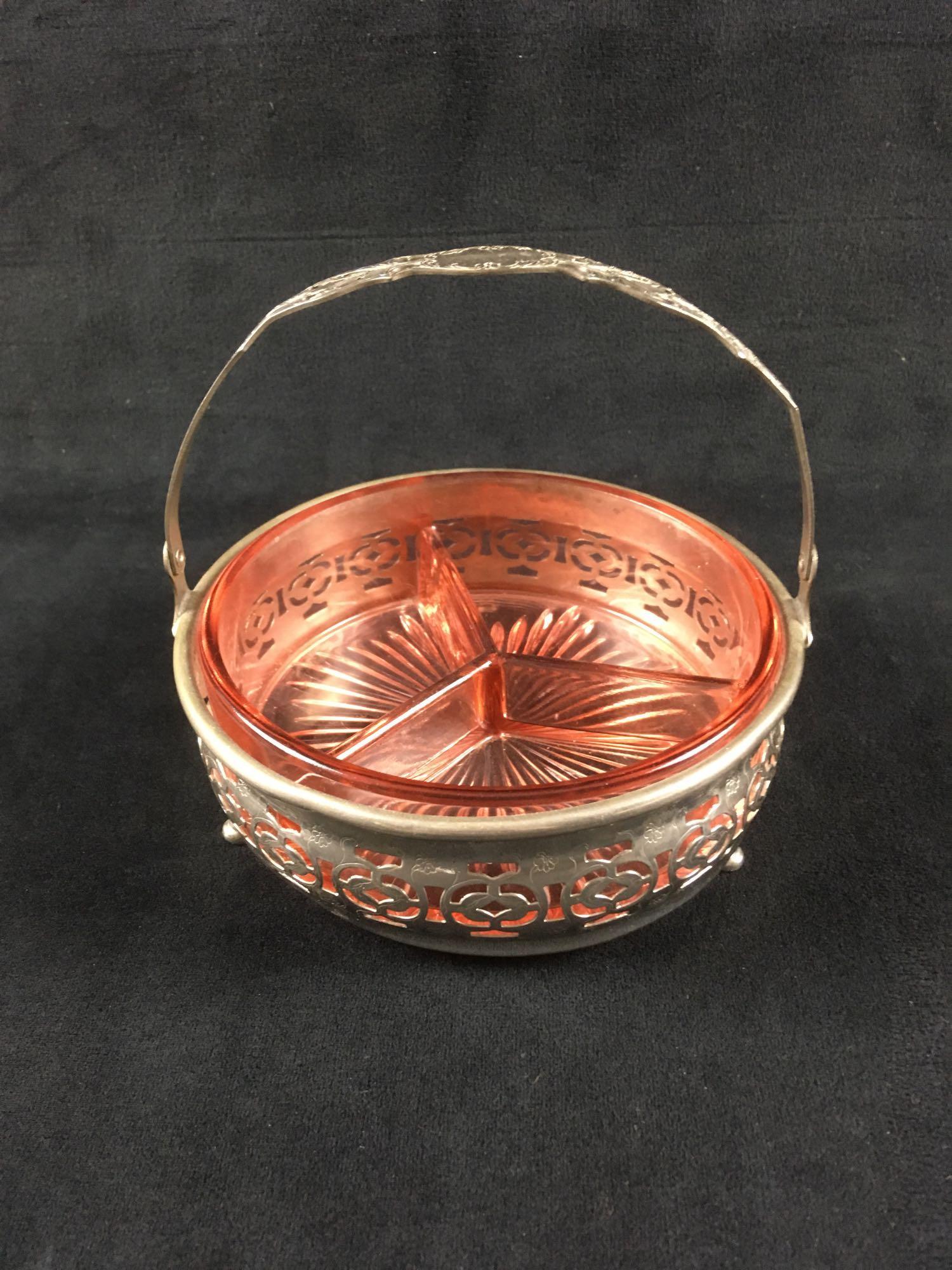 Vintage Pink Depression Glass Divided Condiment Dish in: Vintage Pink Depression Glass Divided Condiment Dish in Plated Caddy; the pink condiment fish is divided into three sections. The caddy is silver plate with a cut and engraved design. Both pieces are 