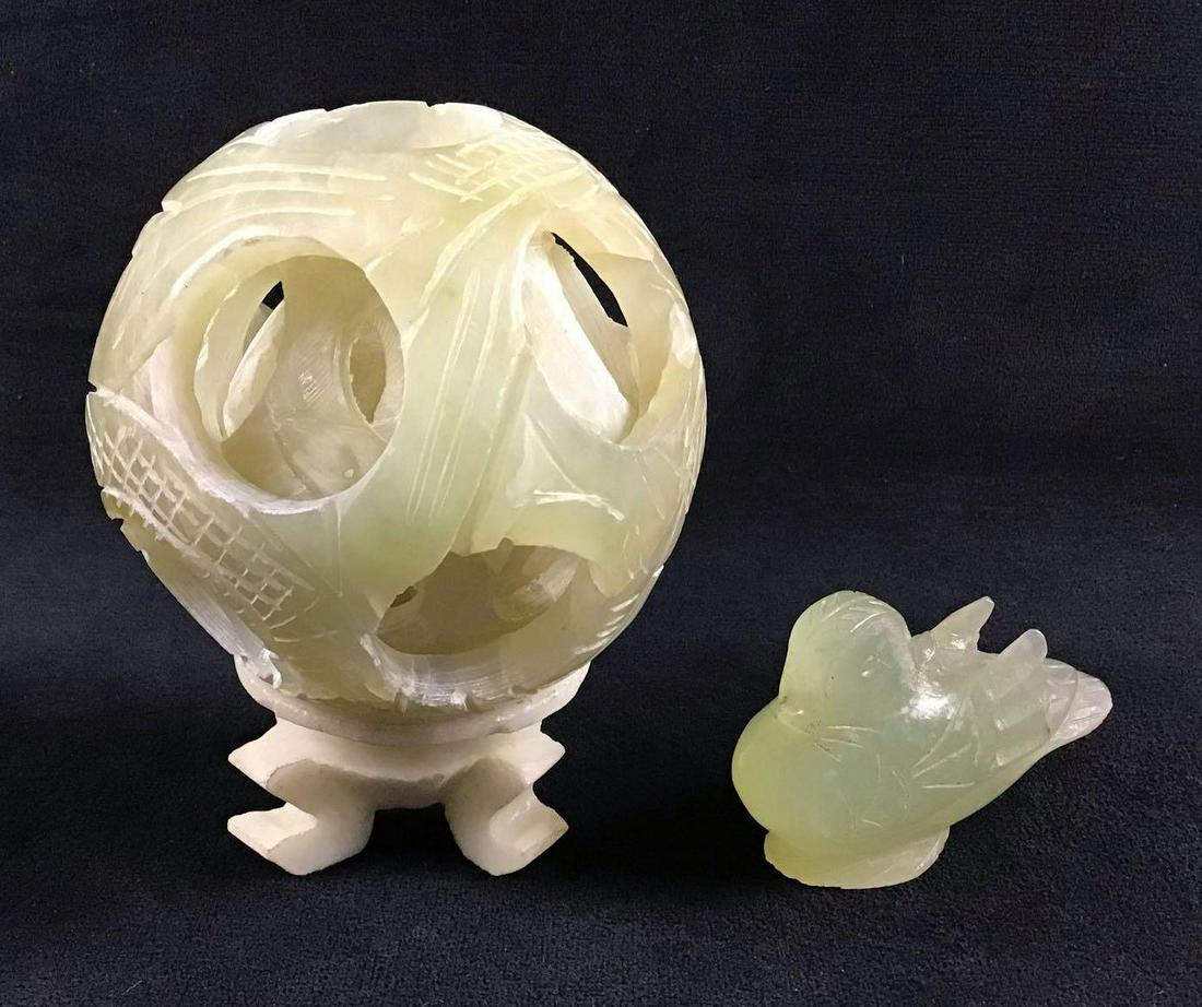 Jadeite Chinese Art Feng Shui Puzzle Ball Bird Lot: Jadeite Chinese Art Feng Shui Puzzle Ball Bird Lot. This is a lot of three jadeite pieces. In Feng Shui these are made to help with relationships by placing them in the northwest area of a room or the