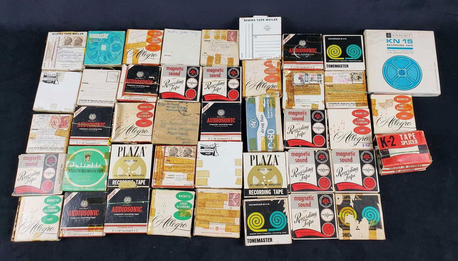 41 Used Vintage Recording Tapes and K2 Tape Splicer: 41 Used Vintage Recording Tapes and K2 Tape Splicer. These recording tapes are in fair used condition. The set contains 41 tapes which have been recorded on and 1 K-2 Tape Splicer. There are various b