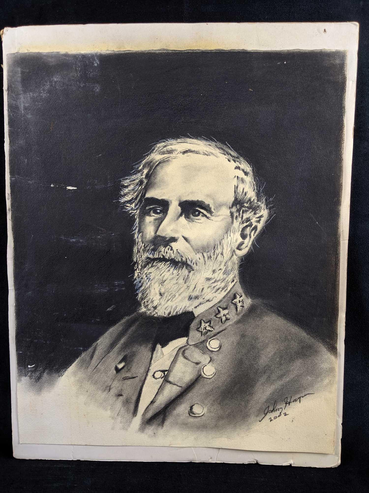 Charcoal Master Copy portrait Of General Robert E Lee: Charcoal Master Copy portrait of Confederate General Robert E Lee on paper. The Artwork is dated 2002 and signed by the artist and mounted on a 16" x 20" foam board. Art shows signs of yellowing and s