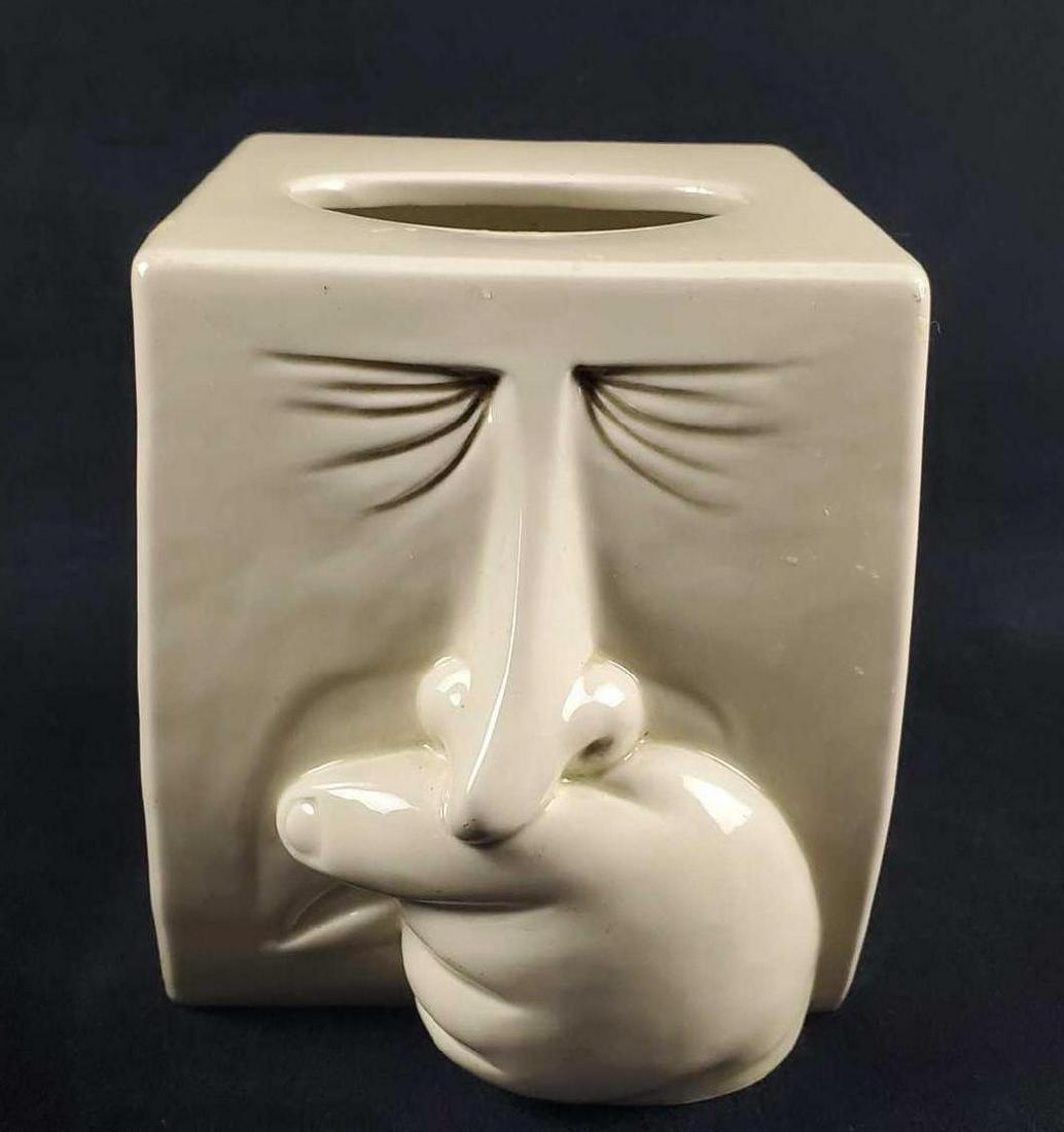 Vintage Fitz and Floyd Porcelain Tissue Box Cover: Â Vintage Fitz and Floyd Porcelain Sneezing Tissue Box Cover from 1980. Part of the 'Bathroom' series. Porcelain box is in good, vintage condition with some minor wearing on the back and top. Is app