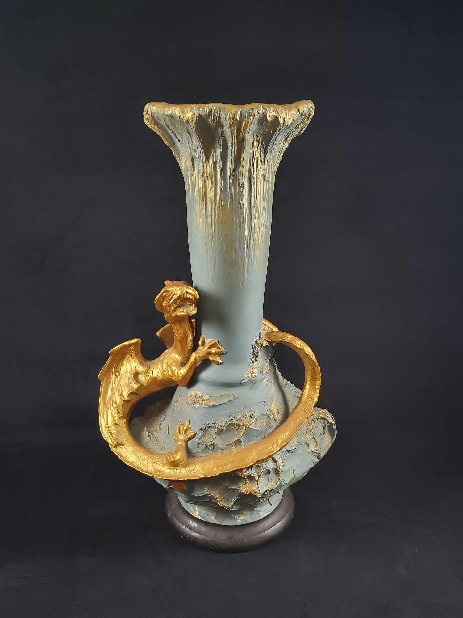Gold Dragon Pottery Vase Signed August Otto: Earthenware pottery vase with dragon by August Otto (German; 19th Century). Primarily teal with gold tone elements. This is a very large vase that is signed by the artist on the back body. This vase h