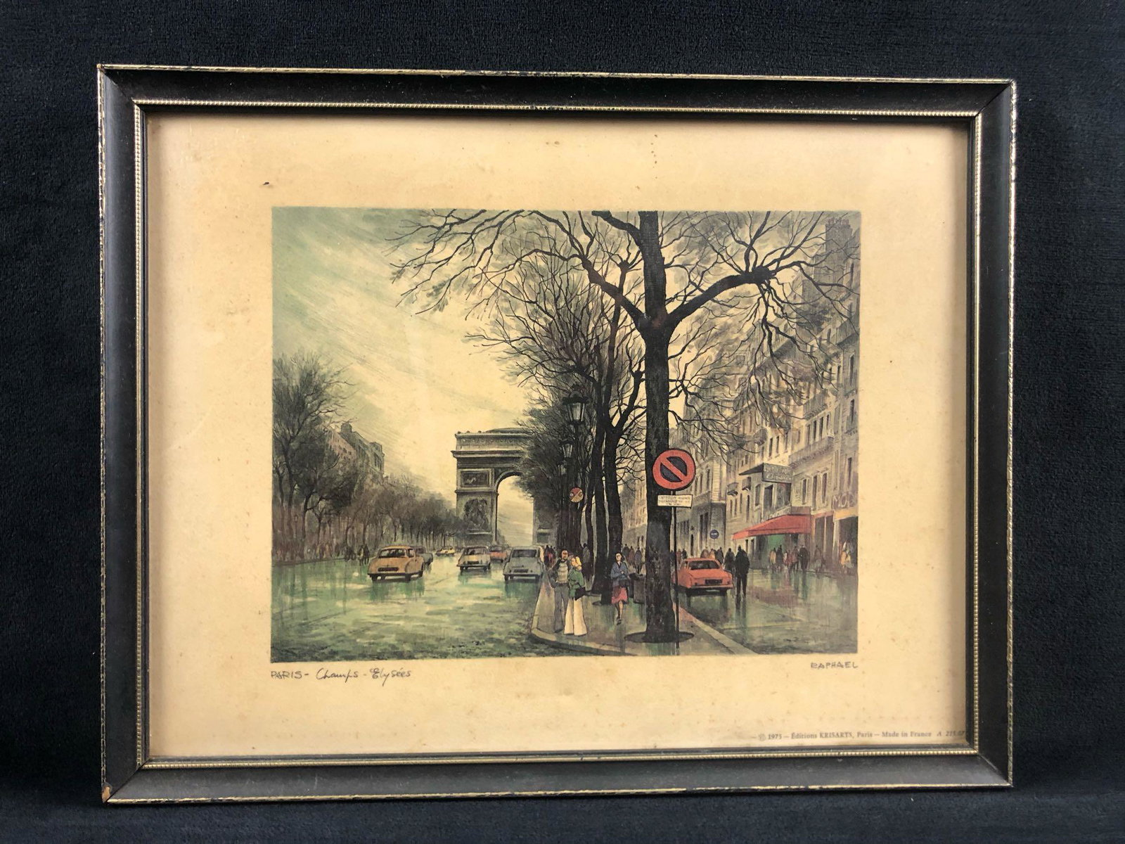 Vintage Framed Raphael Paris Print Champs Elysees 1975: Vintage Framed Raphael Paris Print Champs Elysees 1975 French Artwork Krisarts Picture Vintage 1975 print, framed, 'Paris - Champs- Elysees by Raphael. The color print is on a slightly textured surfac