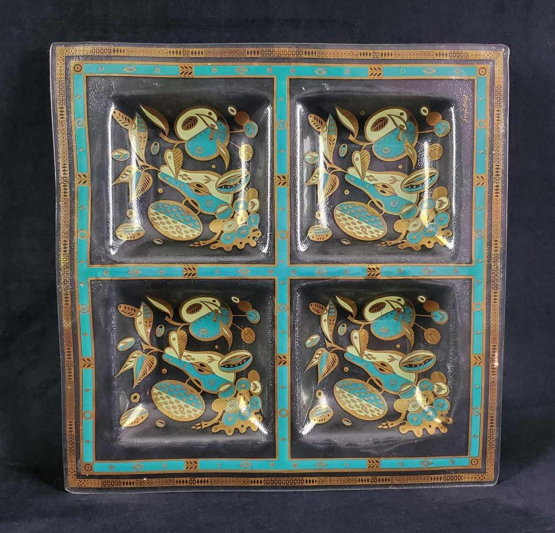 Mid Century Georges Briard Divided Glass Tray: This is for an glass four part divided glass tray byÂ Georges Briard. Divided trays have an blue, gold and green fruit motif. Glass is in good, vintage condition with only a few minor scratches. Is